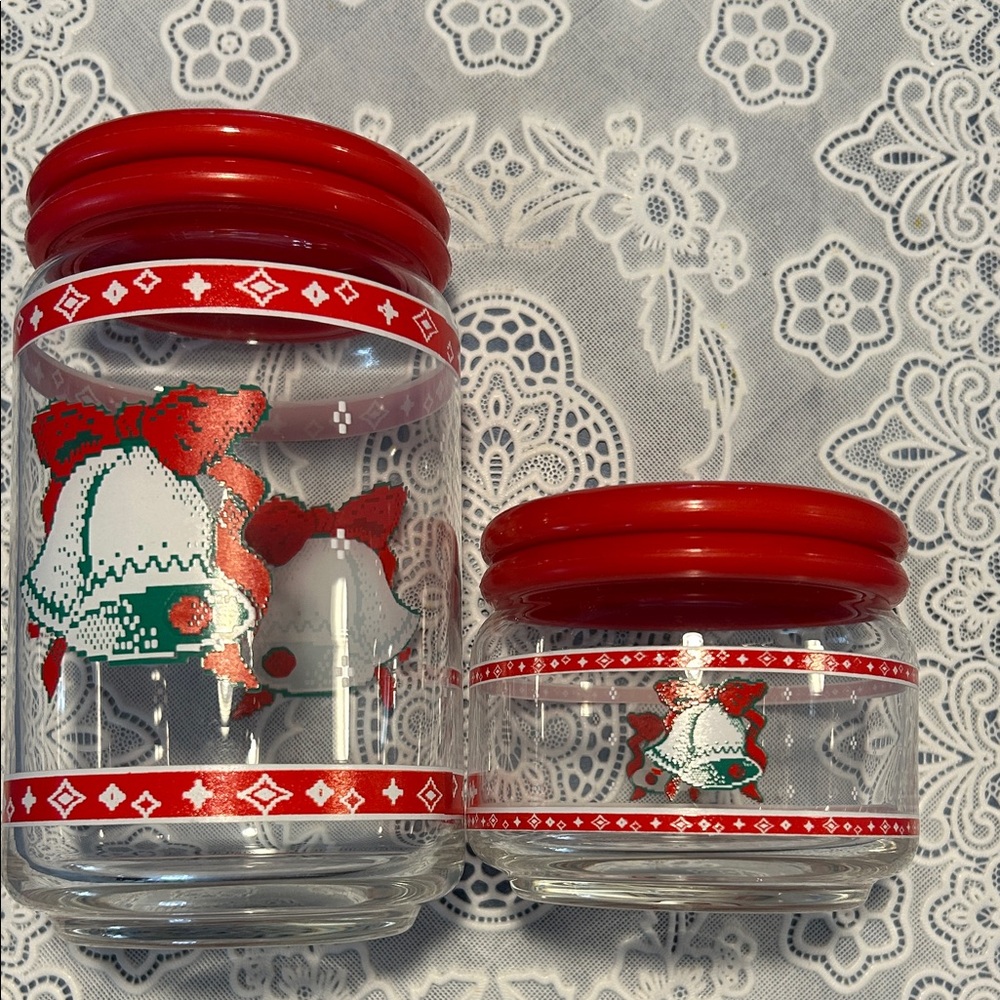 S/2 Vintage 80s Christmas themed glass storage jars